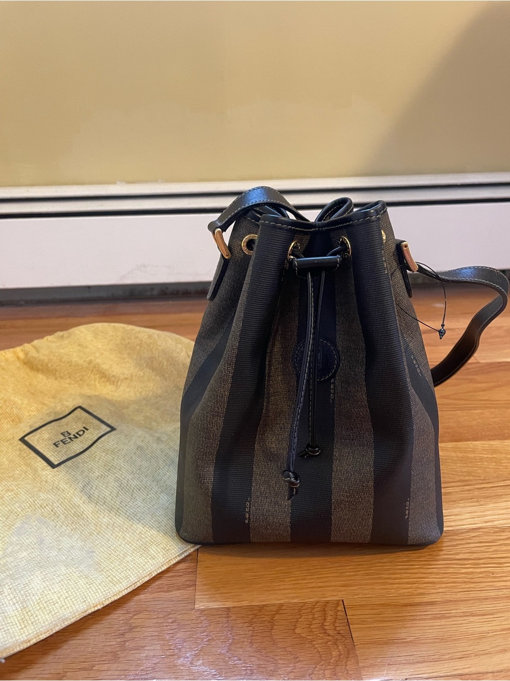 Fendi Striped Drawstring Bucket Bag